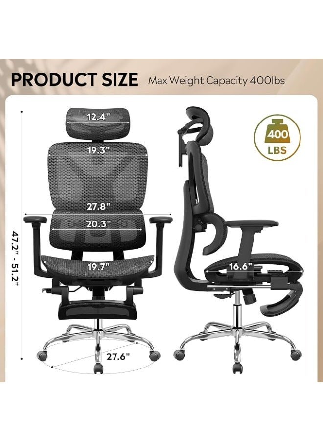 Comfortable office chair with a high mesh back and footrest, adjustable recline, headrest and lumbar support, SGS Class 4 gas lift, BIFMA certified, 181 kg load capacity, black - Image 3