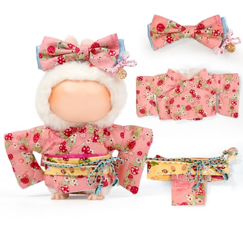 ARTST 17cm Doll ClothesOutfit Accessories Kimono Set for 67inch Dolls Girls Kawaii Chic Designer Style Strawberry Butterfly Knot HairbowPink Clothing PajamasNO Doll - Image 1