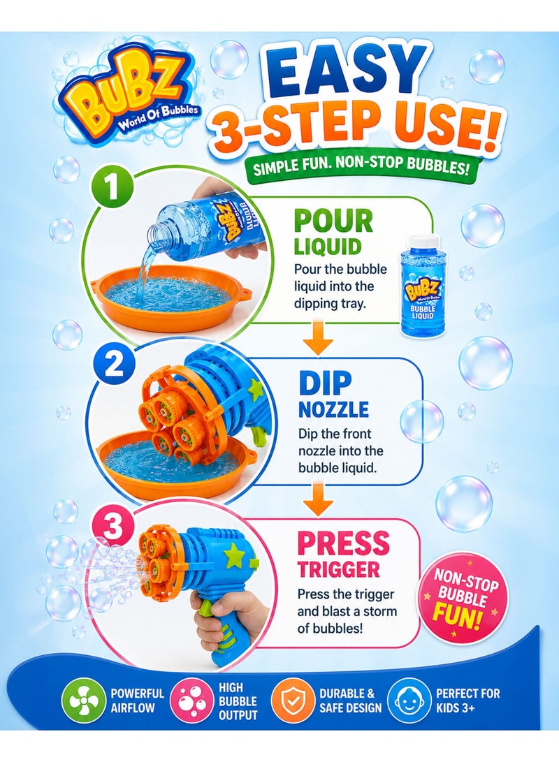 BUBZ Electric 4-Head Bubble Gun Blaster for Kids with Bubble Liquid & Dipping Tray, Multi-Nozzle Automatic Bubble Shooter Toy, High Bubble Output Fan Powered Outdoor Party Bubble Machine for Boys & Girls 3+ Years - Image 3