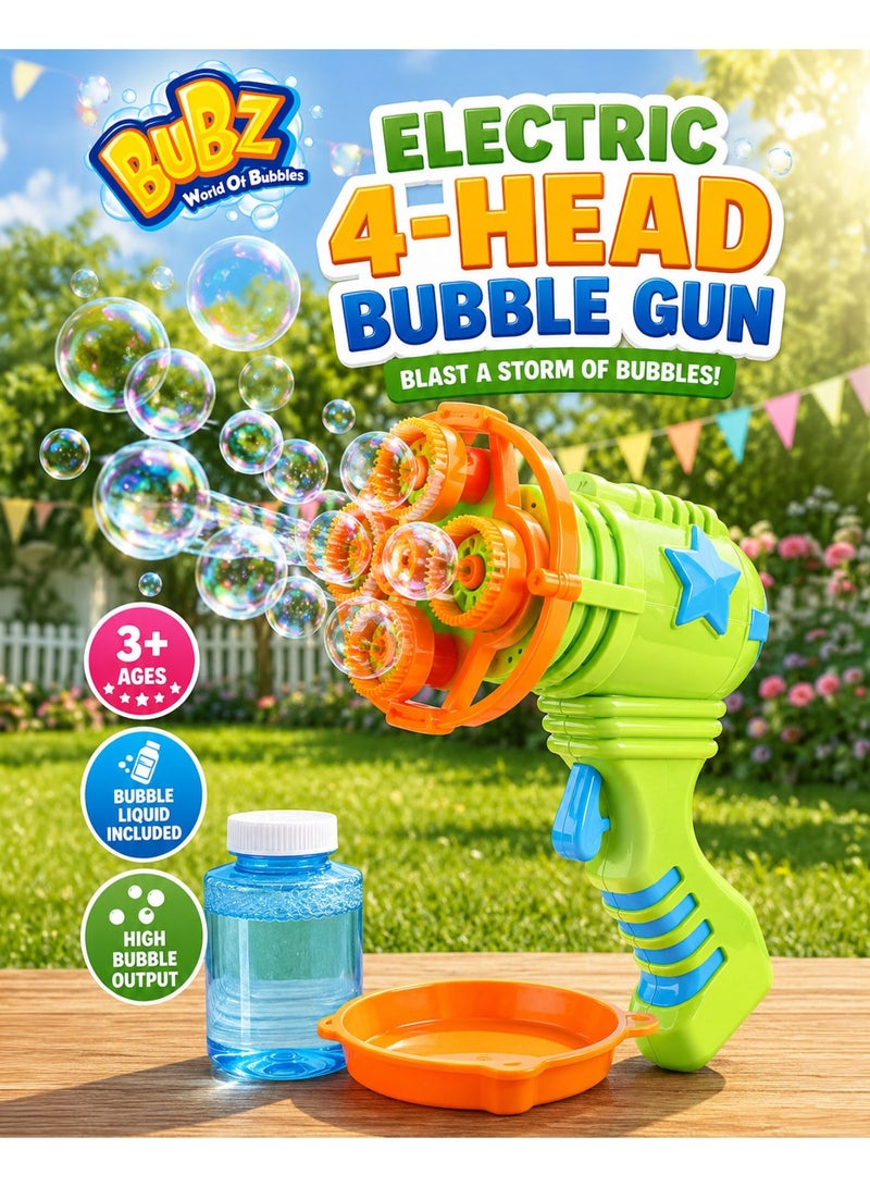 BUBZ Electric 4-Head Bubble Gun Blaster for Kids with Bubble Liquid & Dipping Tray, Multi-Nozzle Automatic Bubble Shooter Toy, High Bubble Output Fan Powered Outdoor Party Bubble Machine for Boys & Girls 3+ Years - Image 1
