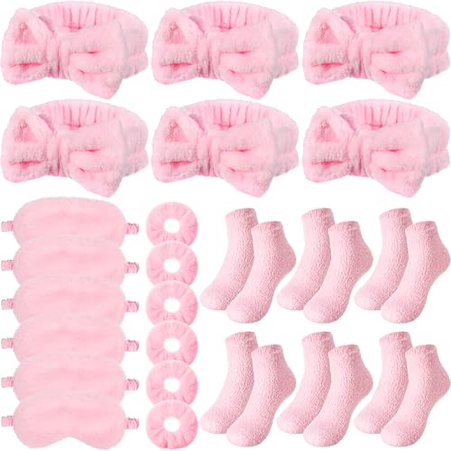Shyyween 30 Pieces Galentine Spa Sleepover Party Supplies 6 Pink Bow Headband 6 Plush Sleep Eye Mask 6 Velvet Scrunchies 6 Pair Fuzzy Sock for Spa Slumber Party Favors Valentine Gift - Image 1