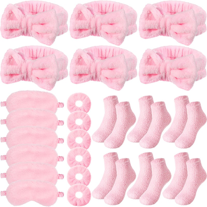 Shyyween 30 Pieces Galentine Spa Sleepover Party Supplies 6 Pink Bow Headband 6 Plush Sleep Eye Mask 6 Velvet Scrunchies 6 Pair Fuzzy Sock for Spa Slumber Party Favors Valentine Gift - Image 2