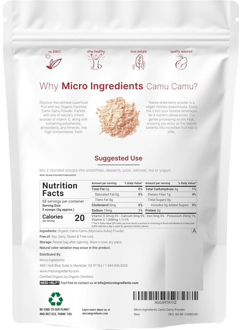 Micro Ingredients Organic Camu Camu Powder, 12 oz | High Natural Vitamin C Level | Fresh Freeze-Dried Berries Source | No GMOs, Vegan Friendly - Image 2