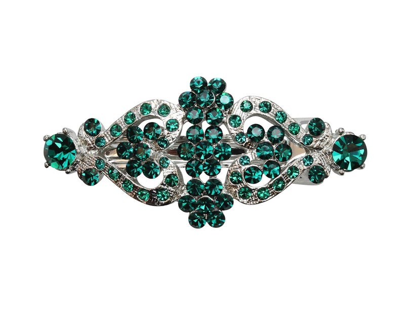 Faship Green Rhinestone Crystal Floral Double Hearts Hair Barrette Clip