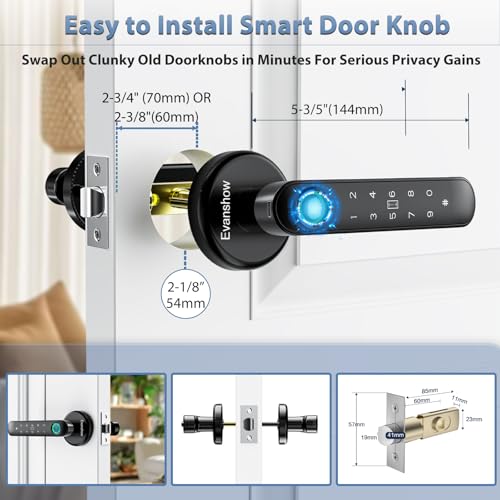 Evanshow Fingerprint Door Lock Biometric Door Knob with Keypad Keyless Entry, 5-in-1 Door Locks for Bedrooms(Fingerprint/App/Code/Key/IC Card), Home Hotel Office Apartment Black - Image 3