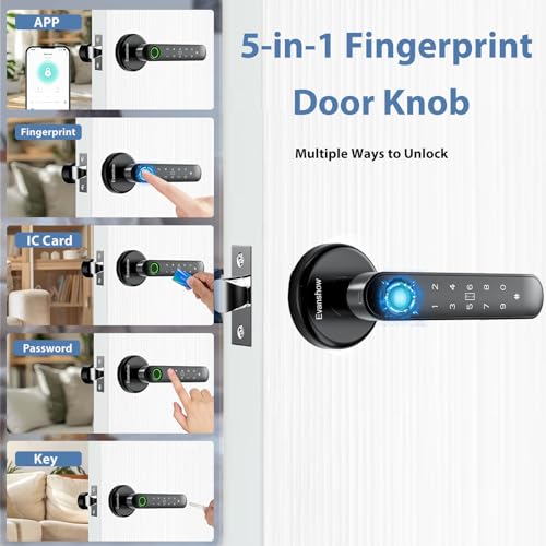 Evanshow Fingerprint Door Lock Biometric Door Knob with Keypad Keyless Entry, 5-in-1 Door Locks for Bedrooms(Fingerprint/App/Code/Key/IC Card), Home Hotel Office Apartment Black - Image 2