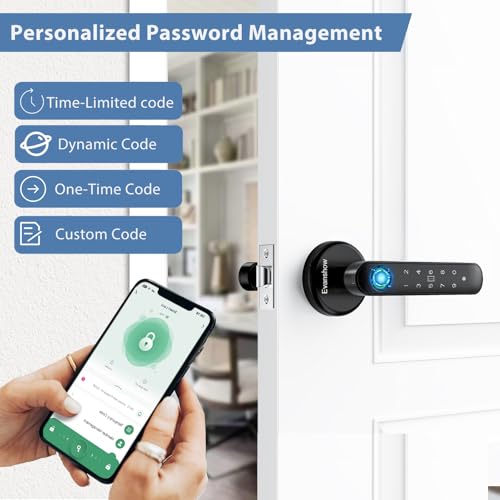 Evanshow Fingerprint Door Lock Biometric Door Knob with Keypad Keyless Entry, 5-in-1 Door Locks for Bedrooms(Fingerprint/App/Code/Key/IC Card), Home Hotel Office Apartment Black - Image 4