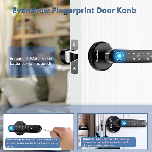 Evanshow Fingerprint Door Lock Biometric Door Knob with Keypad Keyless Entry, 5-in-1 Door Locks for Bedrooms(Fingerprint/App/Code/Key/IC Card), Home Hotel Office Apartment Black - Image 5