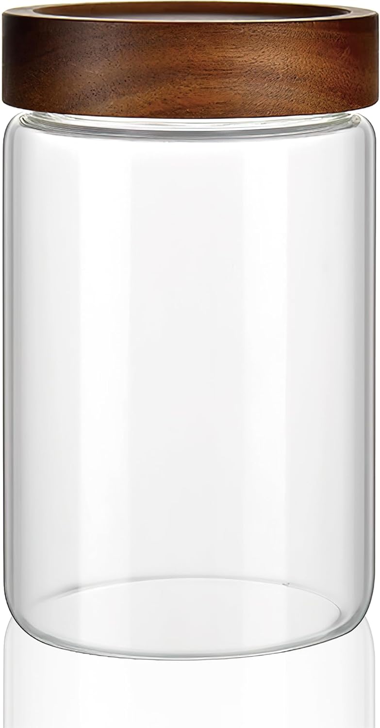 MOLADRI 28 fl oz/850 ml Clear Glass Storage Canister with Airtight Wooden Screw Lid, Medium Cute Decorative Glass Container Jar for Coffee,Candy,Salt,Cookie,Condiment,Pepper,Sugar,Overnight Oatmeal - Image 1