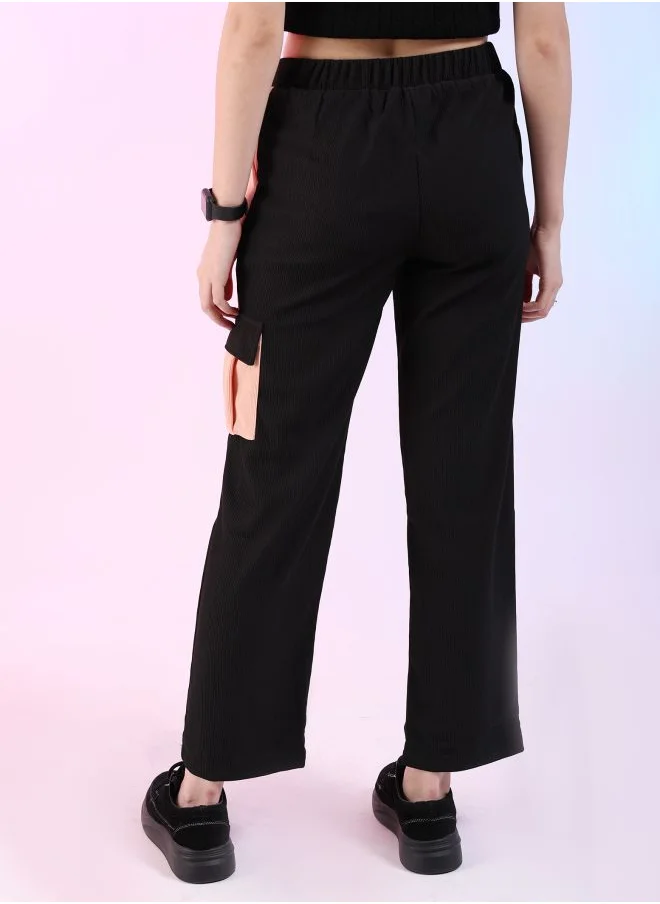 Freehand Women Regular Fit Colourblocked Mid-Rise Corduroy Colorblocked Cargo Pocket Trousers