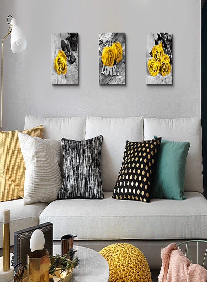 AIYISU Yellow Bathroom Decor Roses Flower Pictures Wall Decor Mustard Yellow Bedroom Decor Black and White Flower Canvas Prints Rustic Farmhouse Paintings Artwork for Living Room Home Decoration 12x12" 3Pcs - Image 5