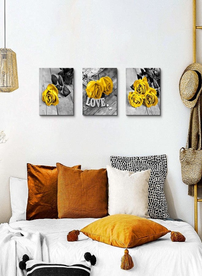 AIYISU Yellow Bathroom Decor Roses Flower Pictures Wall Decor Mustard Yellow Bedroom Decor Black and White Flower Canvas Prints Rustic Farmhouse Paintings Artwork for Living Room Home Decoration 12x12" 3Pcs - Image 2