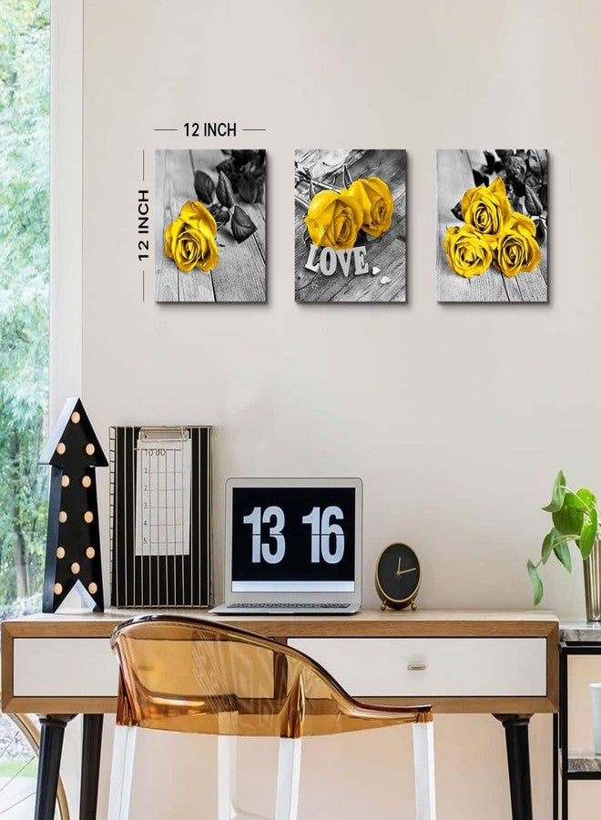 AIYISU Yellow Bathroom Decor Roses Flower Pictures Wall Decor Mustard Yellow Bedroom Decor Black and White Flower Canvas Prints Rustic Farmhouse Paintings Artwork for Living Room Home Decoration 12x12" 3Pcs - Image 4