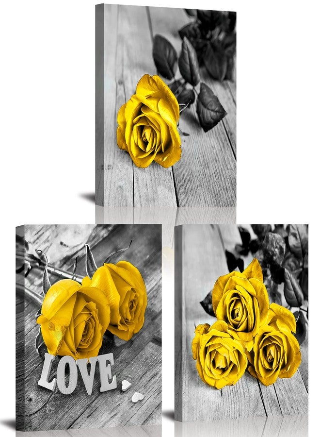 AIYISU Yellow Bathroom Decor Roses Flower Pictures Wall Decor Mustard Yellow Bedroom Decor Black and White Flower Canvas Prints Rustic Farmhouse Paintings Artwork for Living Room Home Decoration 12x12" 3Pcs - Image 1
