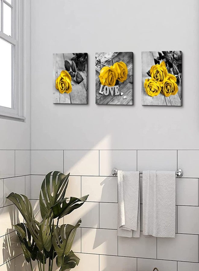 AIYISU Yellow Bathroom Decor Roses Flower Pictures Wall Decor Mustard Yellow Bedroom Decor Black and White Flower Canvas Prints Rustic Farmhouse Paintings Artwork for Living Room Home Decoration 12x12" 3Pcs - Image 3