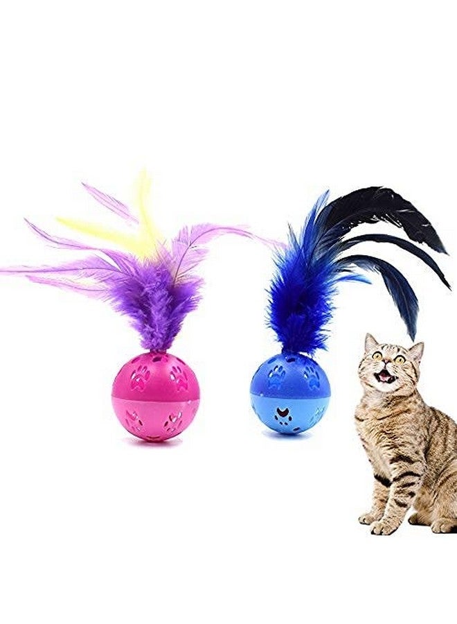 BeeSpring Cat Balls Interactive Cat Toy Feather Balls with Loud Bell Inside (2Pcs - Red, Blue) - Image 1