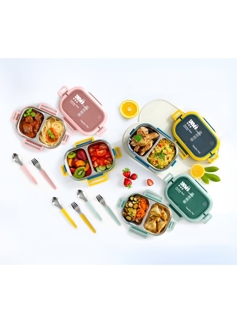 YAH Creation YAH Premium Stainless Steel Bento Lunch Box, 2-Layer Leakproof Food Container (1.65L) with Stainless Steel Cutlery &, Durable & Stylish for Work & School. Green color - Image 5