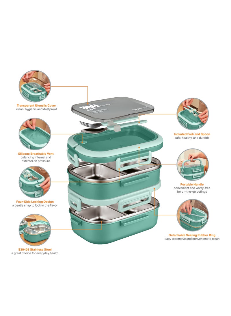 YAH Creation YAH Premium Stainless Steel Bento Lunch Box, 2-Layer Leakproof Food Container (1.65L) with Stainless Steel Cutlery &, Durable & Stylish for Work & School. Green color - Image 1