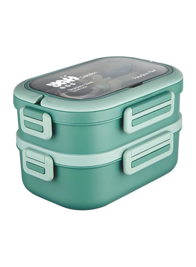 YAH Creation YAH Premium Stainless Steel Bento Lunch Box, 2-Layer Leakproof Food Container (1.65L) with Stainless Steel Cutlery &, Durable & Stylish for Work & School. Green color - Image 2