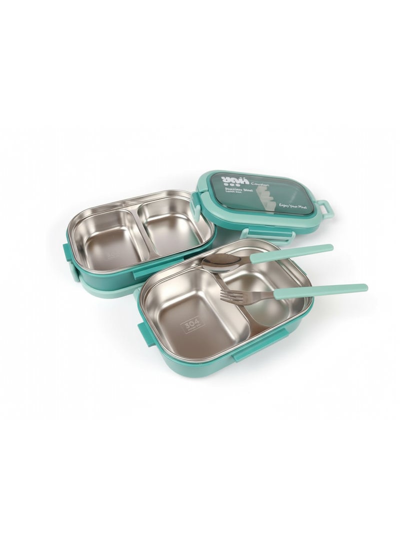 YAH Creation YAH Premium Stainless Steel Bento Lunch Box, 2-Layer Leakproof Food Container (1.65L) with Stainless Steel Cutlery &, Durable & Stylish for Work & School. Green color - Image 3