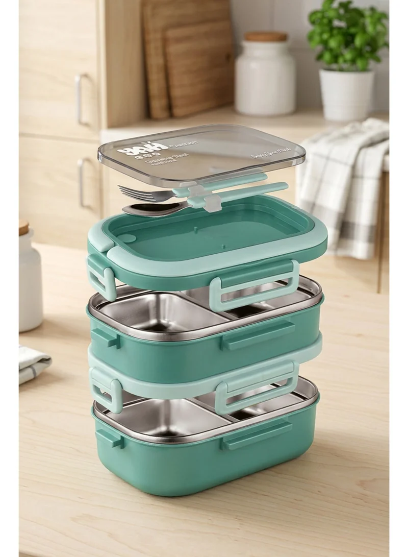YAH Creation YAH Premium Stainless Steel Bento Lunch Box, 2-Layer Leakproof Food Container (1.65L) with Stainless Steel Cutlery &, Durable & Stylish for Work & School. Green color