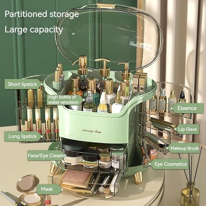 Eslora Multi-Function Makeup Box Dustproof Cosmetic Storage Box,Cosmetics Products Jewelry Organizer Case Finishing Box Bedroom Bathroom Desktop,Portable Organizers(Green,Plastic) - Image 5