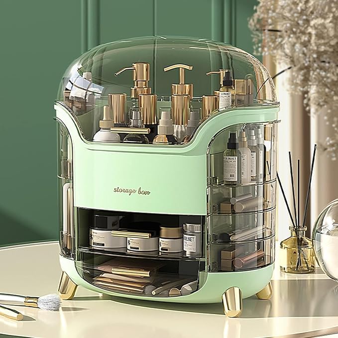 Eslora Multi-Function Makeup Box Dustproof Cosmetic Storage Box,Cosmetics Products Jewelry Organizer Case Finishing Box Bedroom Bathroom Desktop,Portable Organizers(Green,Plastic) - Image 4
