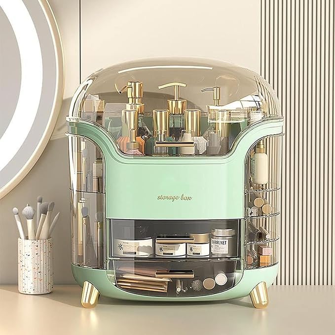 Eslora Multi-Function Makeup Box Dustproof Cosmetic Storage Box,Cosmetics Products Jewelry Organizer Case Finishing Box Bedroom Bathroom Desktop,Portable Organizers(Green,Plastic) - Image 2