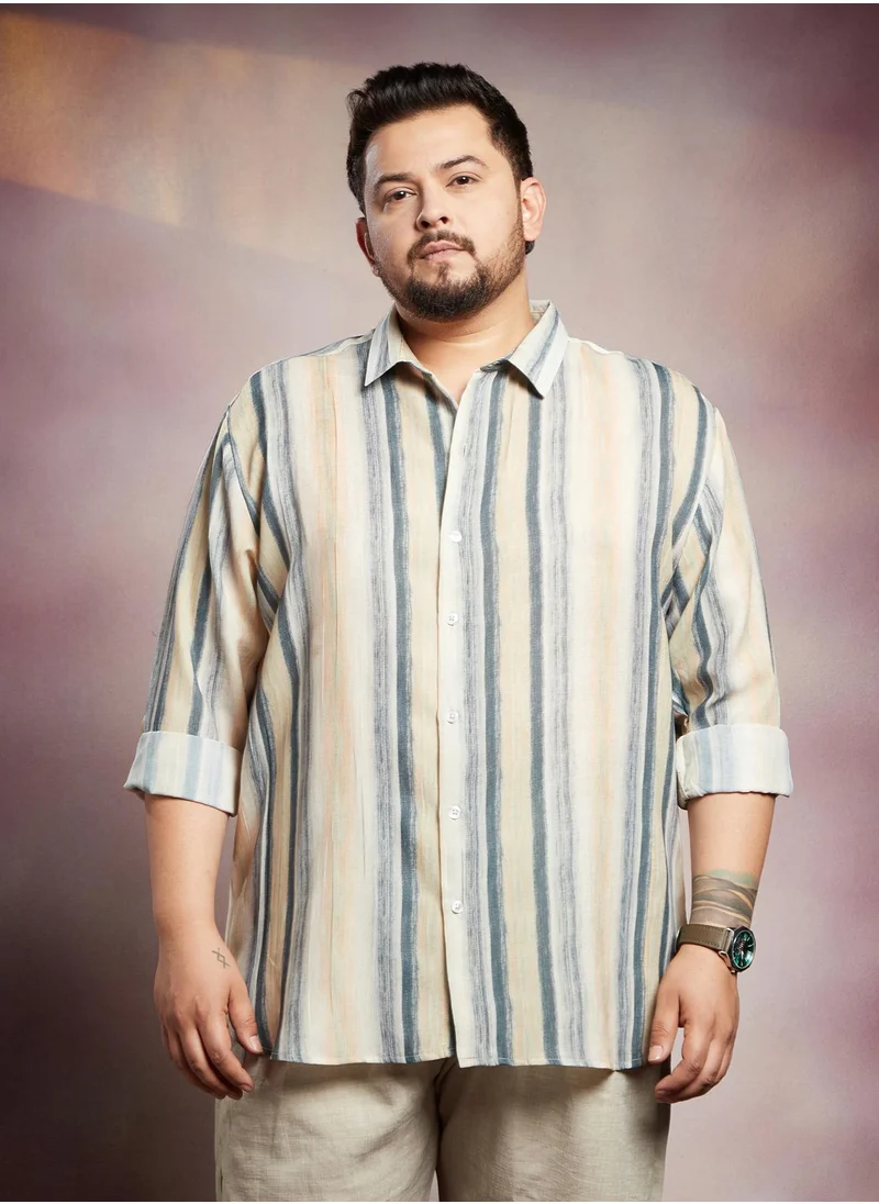 انستافاب بلس Instafab Plus Men's Yellow & Blue Striped-Strokes Shirt For Casual Wear | Spread Collar | Long Cuffed Sleeves | Button Closure | Plus Size Shirt Crafted With Comfort Fit For Everyday Wear