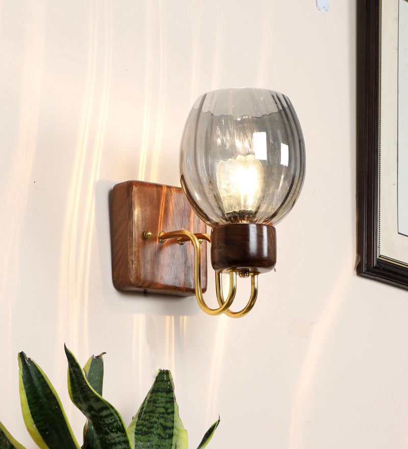Green House Handmade Sheesham Wood Wall Light/Lamp with Gold Plated Metal Bands, Brass Rivets, Black Smoke Glass, E27 Bulb Base(Bulb not Included) for Home/Bedroom/Living Room/Hallway - Image 1