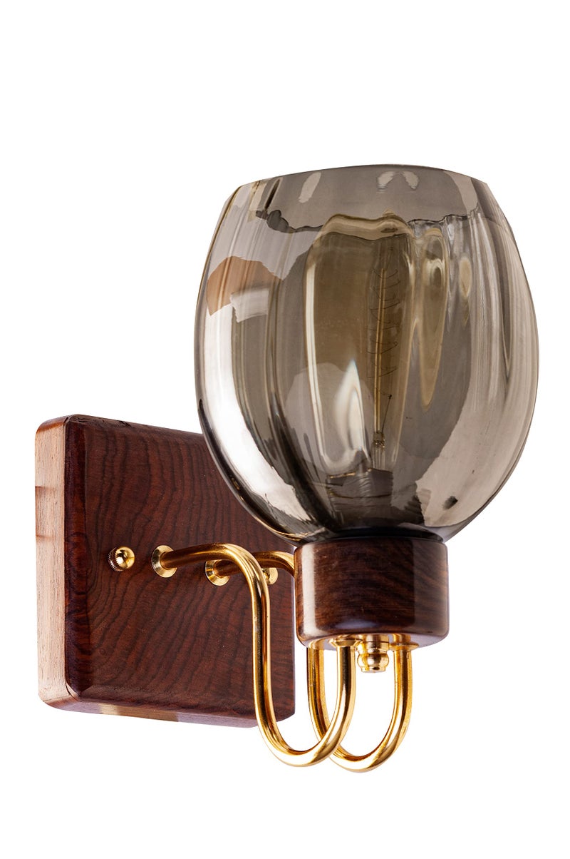 Green House Handmade Sheesham Wood Wall Light/Lamp with Gold Plated Metal Bands, Brass Rivets, Black Smoke Glass, E27 Bulb Base(Bulb not Included) for Home/Bedroom/Living Room/Hallway - Image 2
