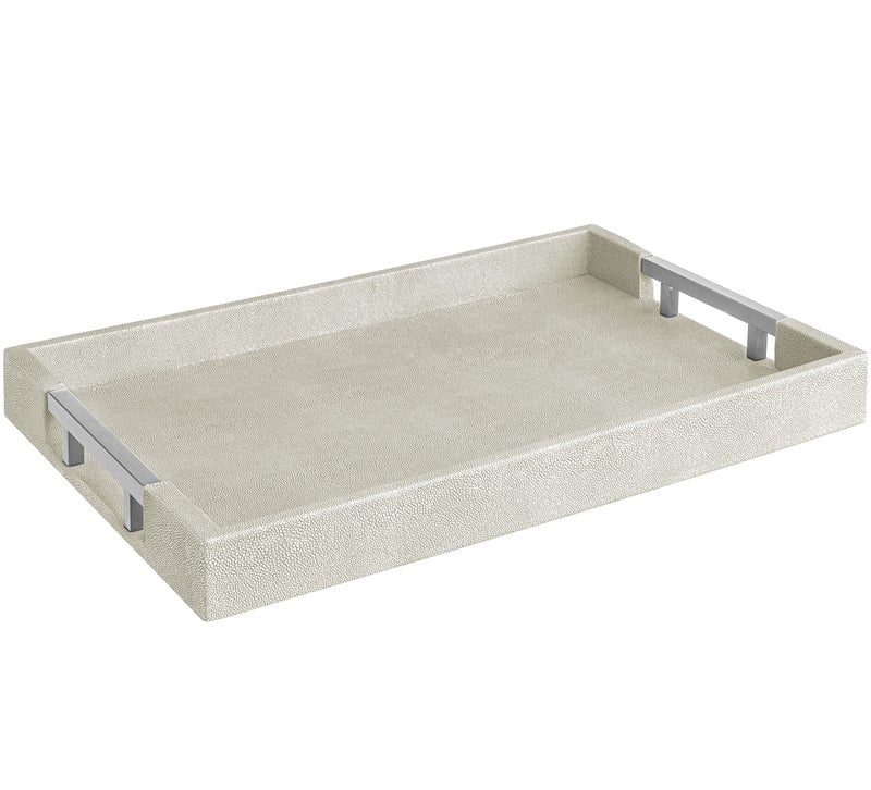 Home Redefined 18”x12” Natural Ivory Beige Rectangle Shagreen Faux Leather Decorative Serving Tray with Metal Handles Coffee Table Room Decor - Image 1