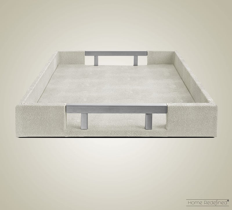 Home Redefined 18”x12” Natural Ivory Beige Rectangle Shagreen Faux Leather Decorative Serving Tray with Metal Handles Coffee Table Room Decor - Image 4