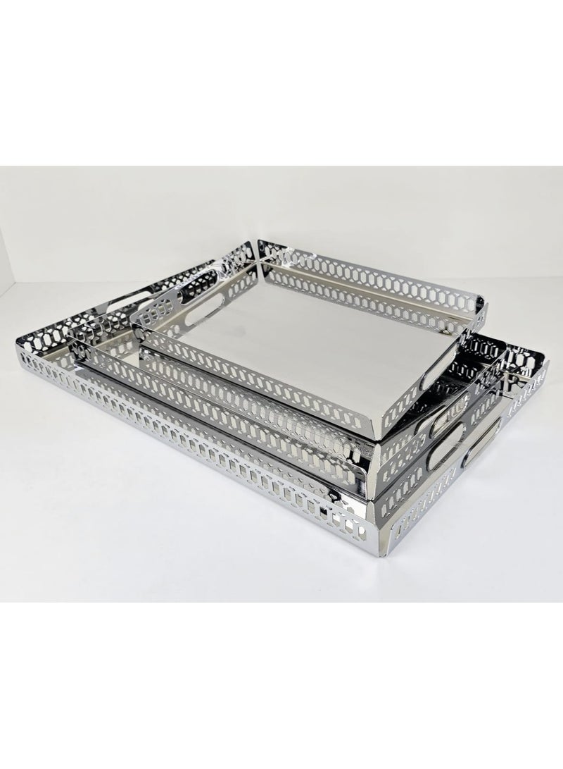 Radin 3Pcs Stainless Steel Serving Tray Set – Premium Serving Trays For Home, Majlis, Parties & Hotels | Food Tea Coffee Snack Serving Tray | Nesting Stackable Design | Durable & Rust-Resistant | Easy To Clean - Image 1