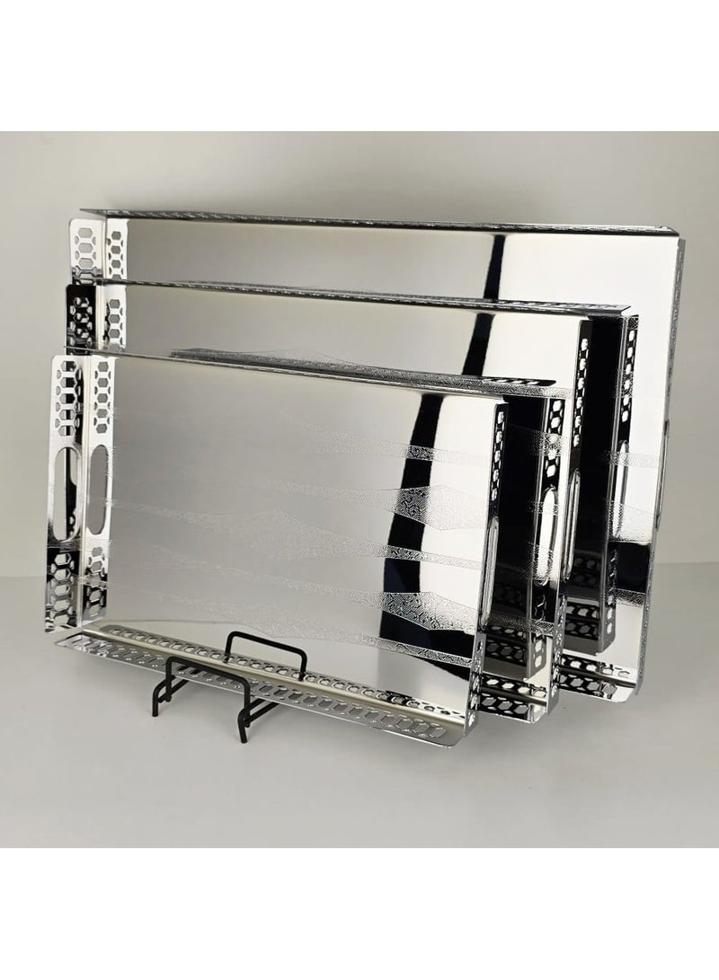 Radin 3Pcs Stainless Steel Serving Tray Set – Premium Serving Trays For Home, Majlis, Parties & Hotels | Food Tea Coffee Snack Serving Tray | Nesting Stackable Design | Durable & Rust-Resistant | Easy To Clean - Image 2