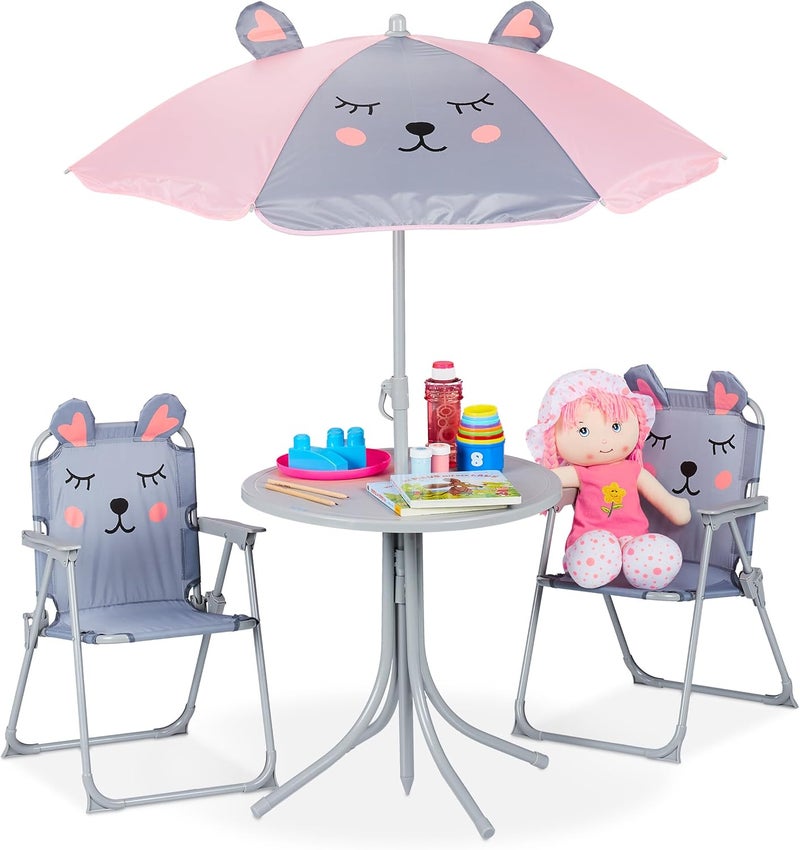 Relaxdays Children’s Camping Furniture Set with Parasol, Folding Chairs & Table, Kids’ Garden Ensemble, Mouse, Grey - Image 1