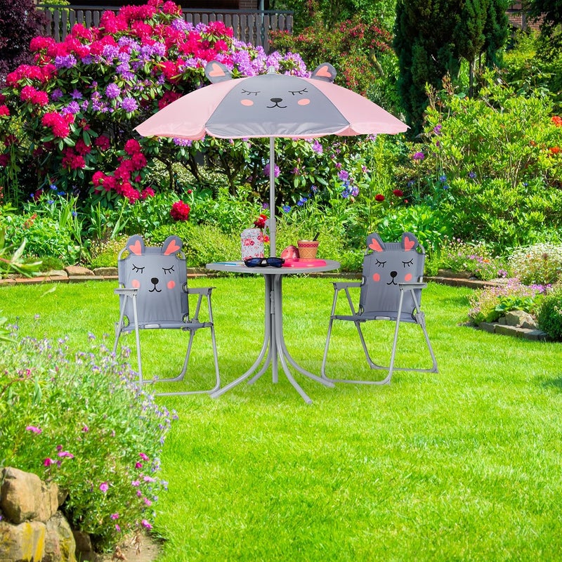 Relaxdays Children’s Camping Furniture Set with Parasol, Folding Chairs & Table, Kids’ Garden Ensemble, Mouse, Grey - Image 2