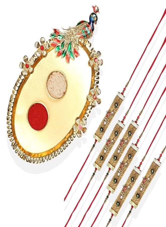 ACCESSHER Enamel Quirky Bro Rakhi Set for Brother Pack of 6 with Peacock Pooja Thali, Roli Kumkum and Happy Raksha Bandhan Card - Image 1