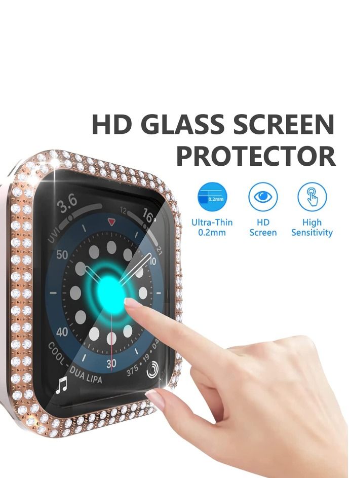 CAVIAR Smartwatch Luxury Anti Shock Screen Protector Cover Case Sensitive Touch Tempered Glass Screen Protector Two Tone Color Double Row Glitter Crystal Diamonds Apple Watch Series 8 7 45mm Rose Gold / Pink - Image 4