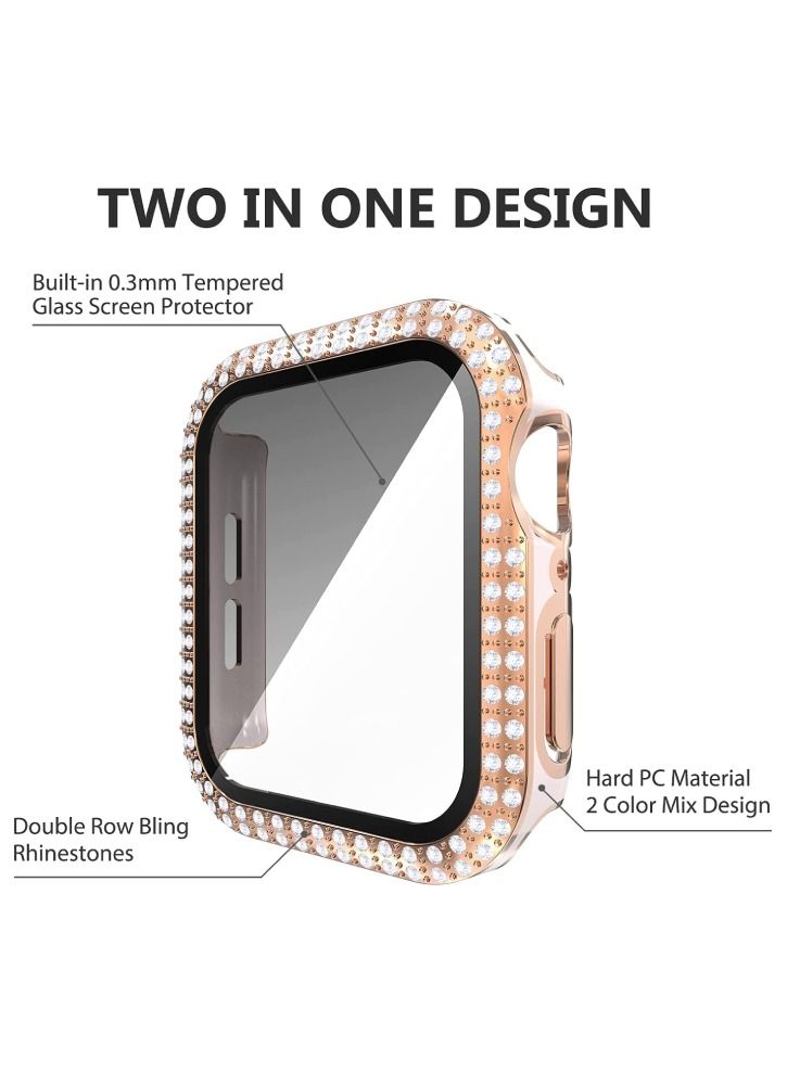 CAVIAR Smartwatch Luxury Anti Shock Screen Protector Cover Case Sensitive Touch Tempered Glass Screen Protector Two Tone Color Double Row Glitter Crystal Diamonds Apple Watch Series 8 7 45mm Rose Gold / Pink - Image 2