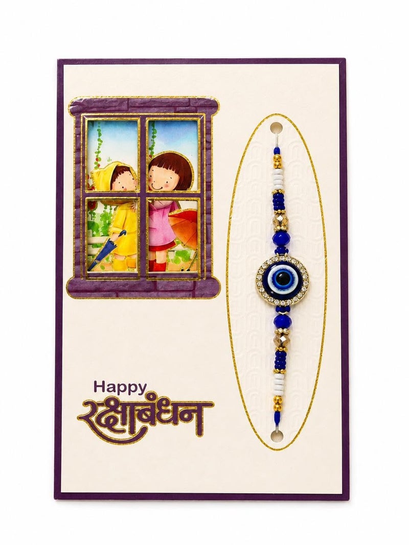 Rajshi bhai rakhi | Beaded Design, Blue & White Beads, Brother's Wristband, Festive Occasion, Includes Greeting Card -Size 36 - Image 1