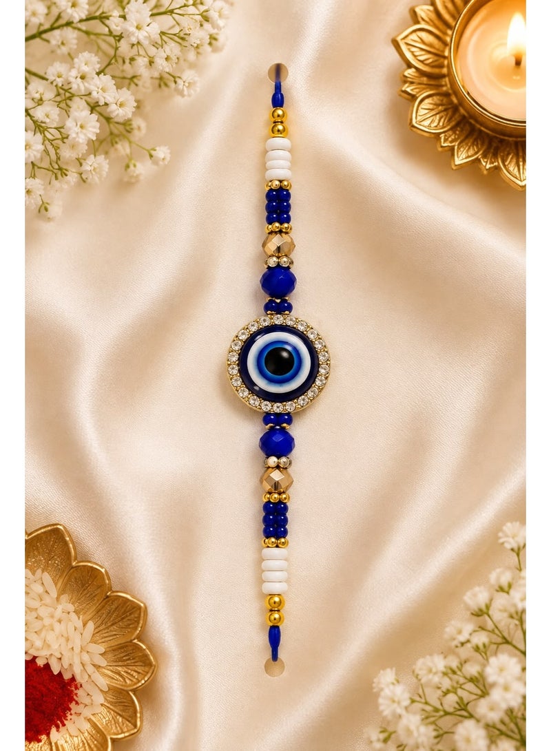 Rajshi bhai rakhi | Beaded Design, Blue & White Beads, Brother's Wristband, Festive Occasion, Includes Greeting Card -Size 36 - Image 2