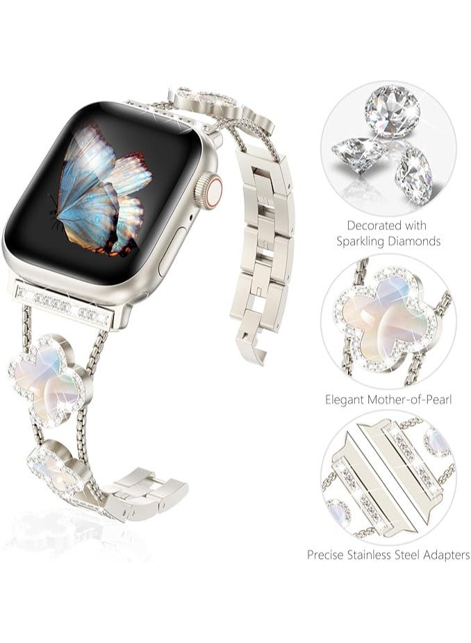 Bling Diamond Band Compatible with Apple Watch Bands for Women 40mm 41mm 38mm 42mm and Series 10 9 8 7 6 5 4 3 2 1 SE, Sparkle Metal Bracelet Wristband, Cute Lucky Clover iWatch Band, Starlight/White  - Image 4