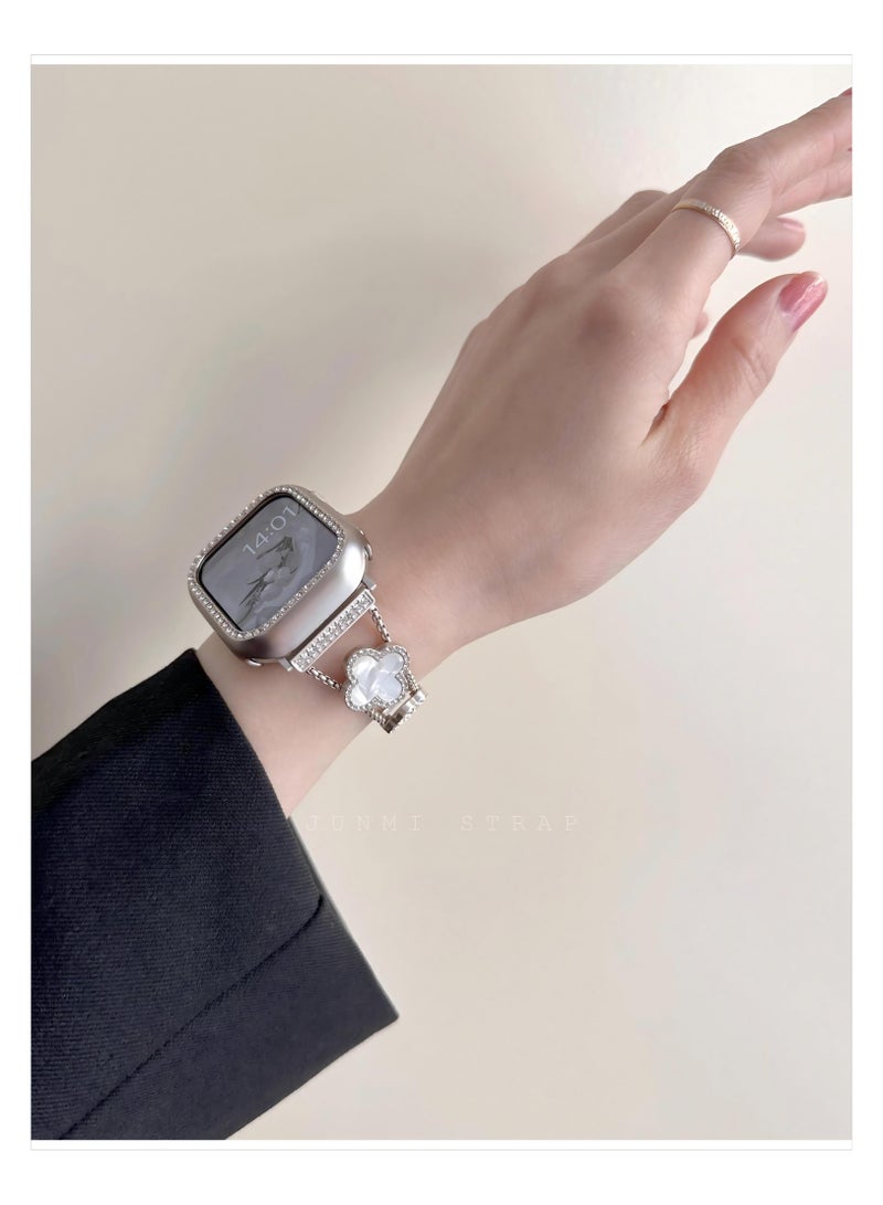 Bling Diamond Band Compatible with Apple Watch Bands for Women 40mm 41mm 38mm 42mm and Series 10 9 8 7 6 5 4 3 2 1 SE, Sparkle Metal Bracelet Wristband, Cute Lucky Clover iWatch Band, Starlight/White  - Image 3