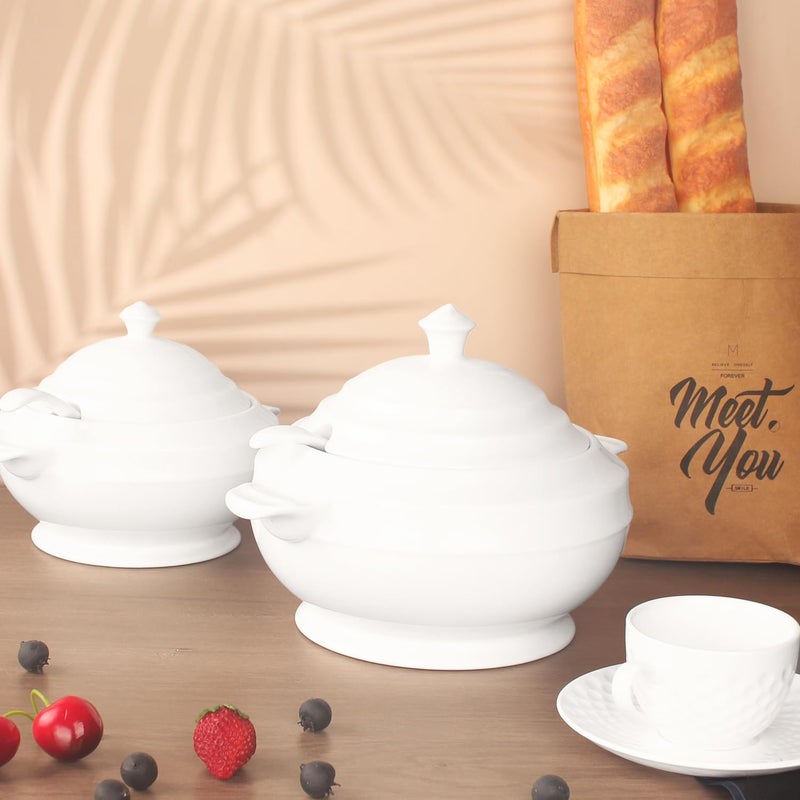 jinsongdafa طبق كسرولة مع مقبض تقديم 27 كوارت وعاء حساء فرنسي أبيض طقم سيراميك مع غطاء ومغرفة للعشاء والحفلات آمن للاستخدام في الميكروويف وغسالة الصحون والفرن 116 بوصة - Image 5