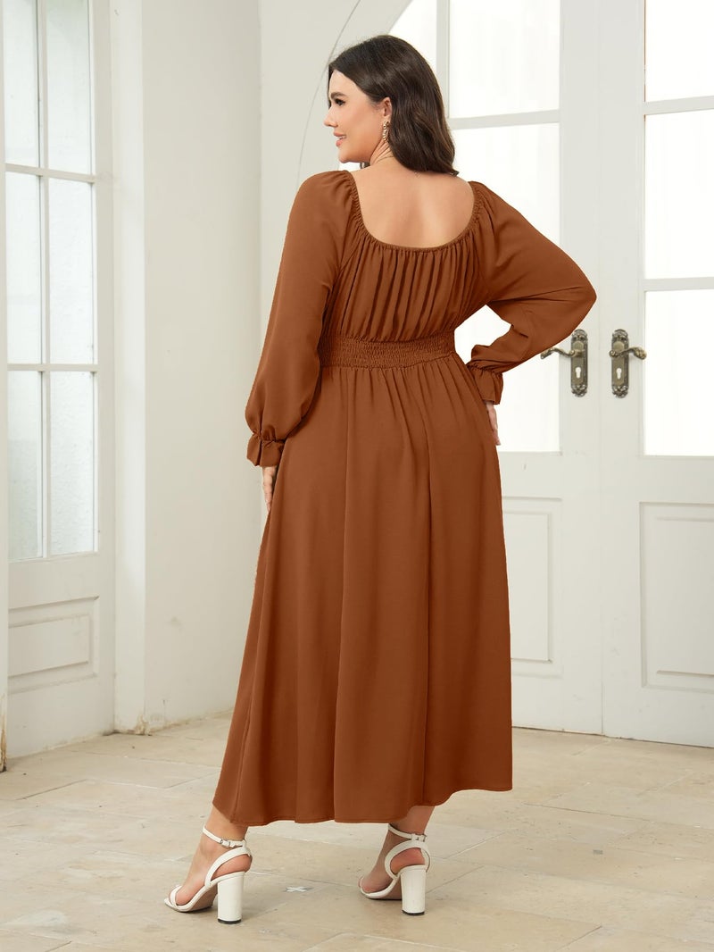 SHESTARR Women's Plus Size Dress Long Sleeve Smocked Dress Square Neck Tie Front Split A-Line Maxi Long Dresses Rust - Image 5
