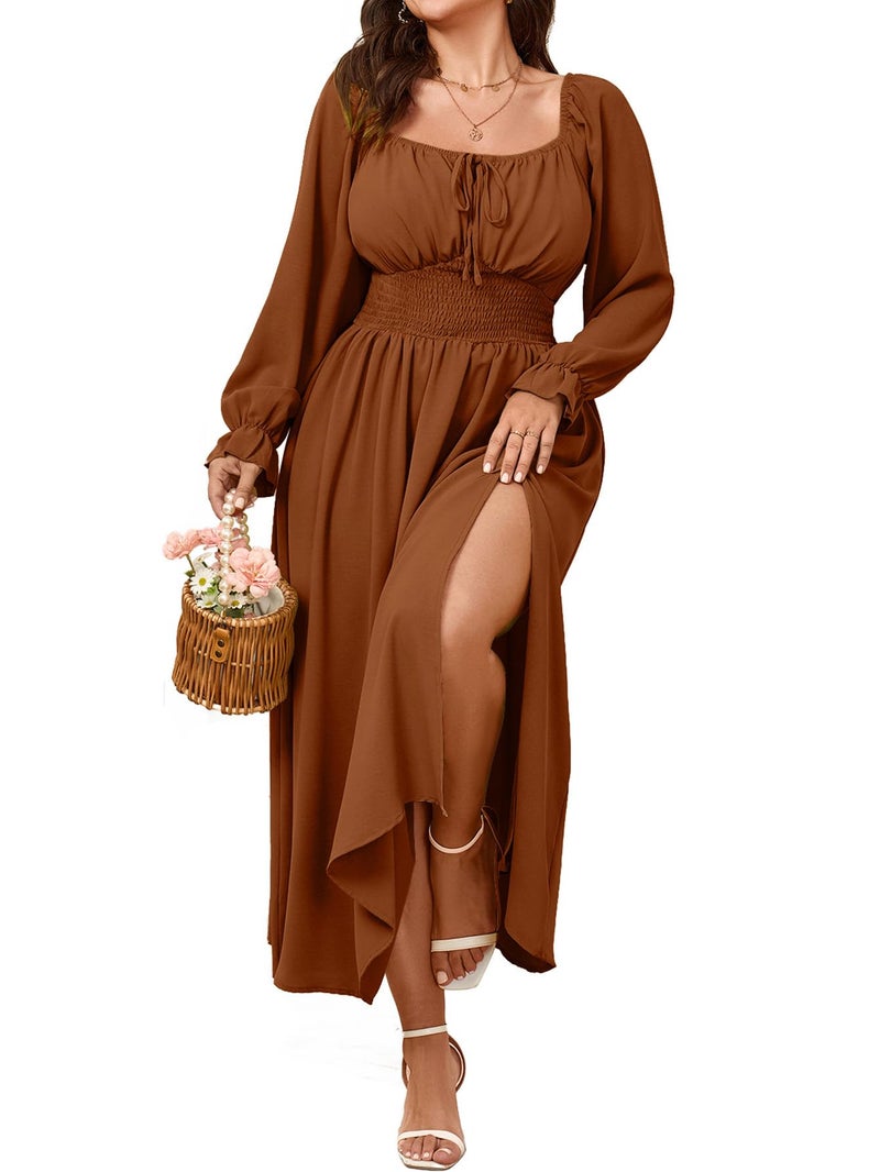 SHESTARR Women's Plus Size Dress Long Sleeve Smocked Dress Square Neck Tie Front Split A-Line Maxi Long Dresses Rust - Image 1