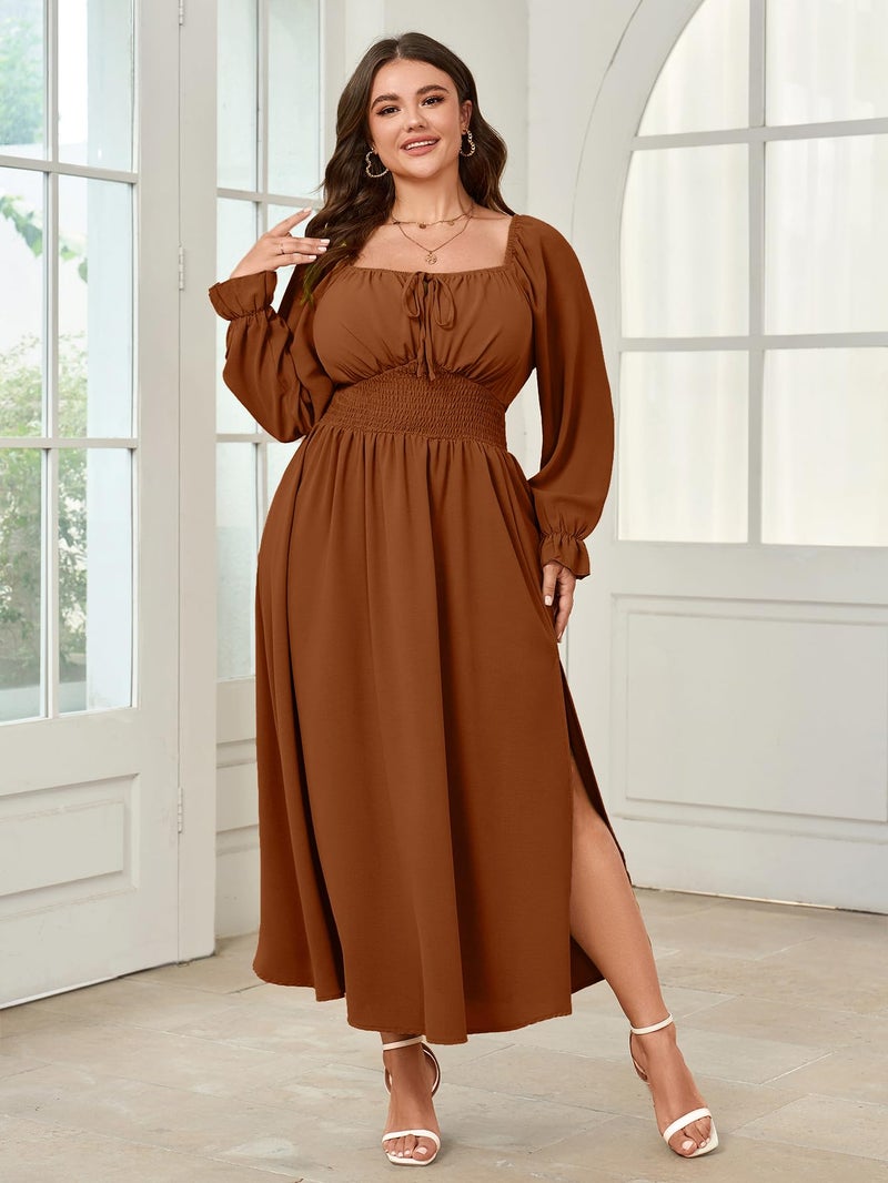 SHESTARR Women's Plus Size Dress Long Sleeve Smocked Dress Square Neck Tie Front Split A-Line Maxi Long Dresses Rust - Image 3