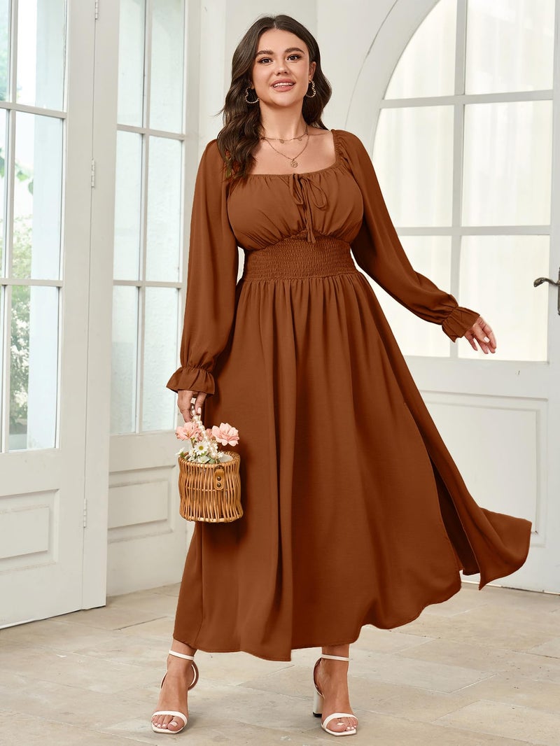 SHESTARR Women's Plus Size Dress Long Sleeve Smocked Dress Square Neck Tie Front Split A-Line Maxi Long Dresses Rust - Image 4