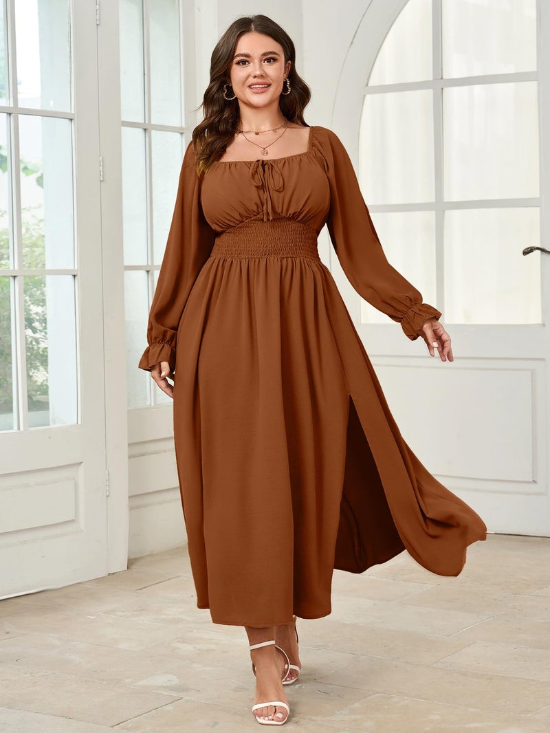 SHESTARR Women's Plus Size Dress Long Sleeve Smocked Dress Square Neck Tie Front Split A-Line Maxi Long Dresses Rust - Image 2